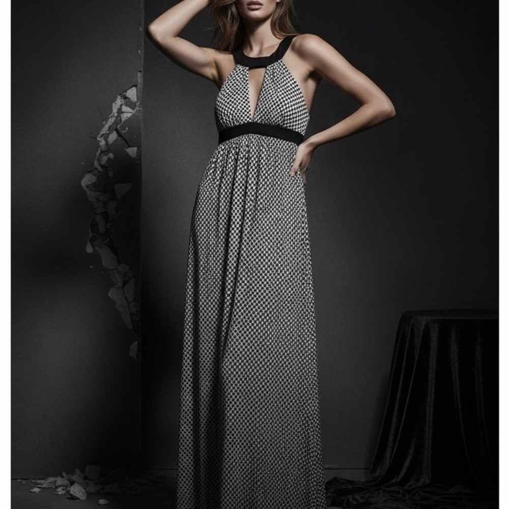 Womens 4 LONDON TIMES Long Black White Geometric Floral Boho Maxi Halter Dress